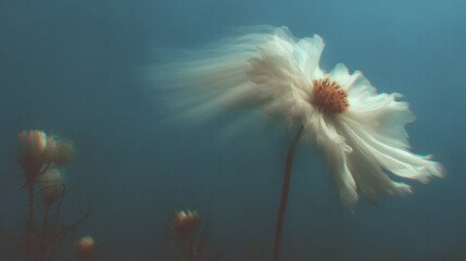 Fototapeta premium Underwater image featuring a white daisy gently swaying with blurred petals, the delicate bloom centered against a deep blue seascape, evoking weightlessness, calmness, and subtle melancholy.