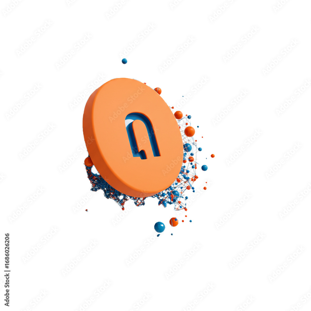 Poster a vibrant three-dimensional orange disc featuring a blue symbol is surrounded by a dynamic cluster o