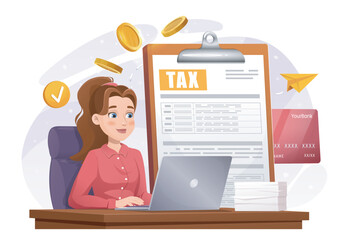 Woman paying taxes. Young girl with laptop pays off debts. Estimation of expenses and income. Businesswoman filling out tax return. Declaration and taxation. Flat vector illustration