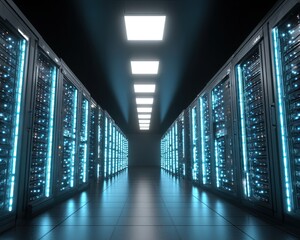 High Tech Server Room Interior With Blue Lighting