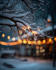Snowy Branches With Warm Lights At Night