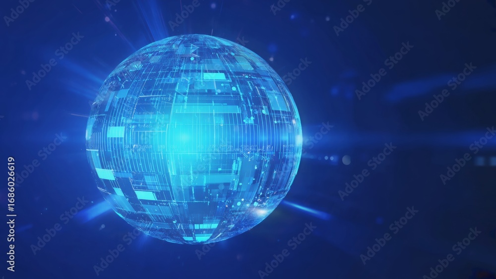 Poster glowing digital sphere with a futuristic circuit pattern floating on black background, symbolizing a