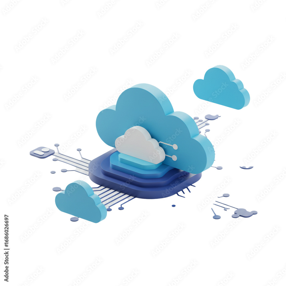 Poster a rendered illustration depicts a cloud computing concept, showcasing data storage and network conne