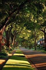 Obraz premium Sunlight Drenched Residential Street Lined With Trees