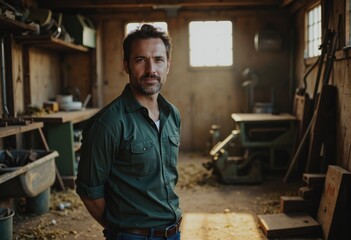 Farm coordinator standing confidently in an agricultural equipment storage area