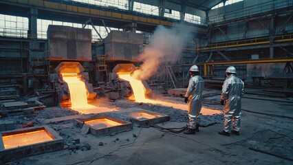 Molten metal pours from industrial furnaces in steel foundry while workers in protective suits observe the process, symbolizing heavy industry, manufacturing, metallurgy, engineering, heat production