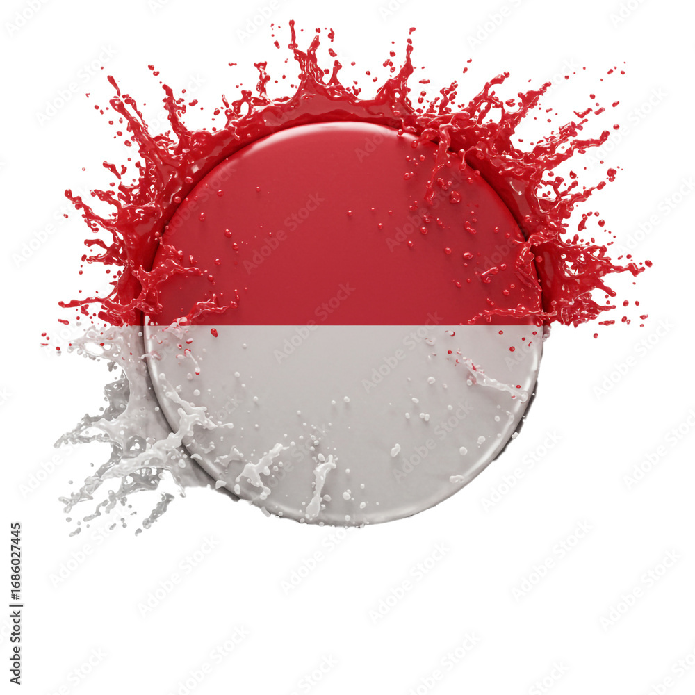 Poster a circular emblem featuring red and white stripes is dramatically splashed with vibrant red and whit