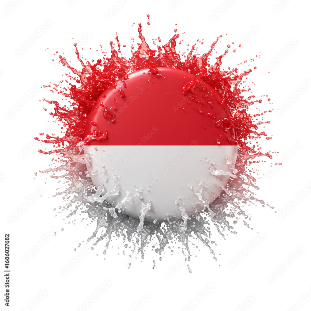 Poster a vibrant sphere representing a nation's flag bursts with dynamic splashes of red and silver liquid,