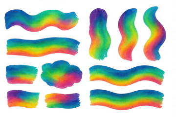 Watercolor brushstrokes blending rainbow hues, creating vivid, translucent color overlay for graphic design elements