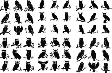 Owl Perched on Branch Silhouette Icon Vector Set Forest Owl Sitting on Tree Branch Black Silhouette Design