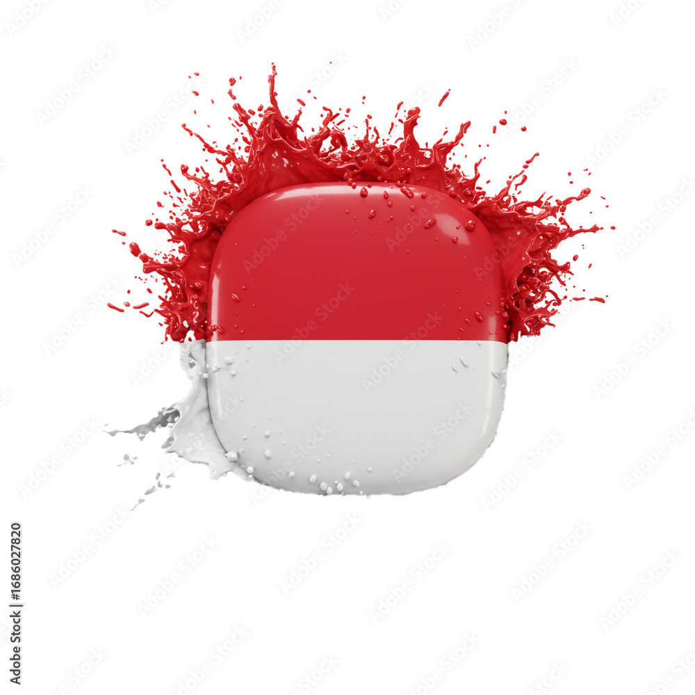 Poster a glossy, rounded emblem featuring red and white stripes is dramatically splattered with vibrant red