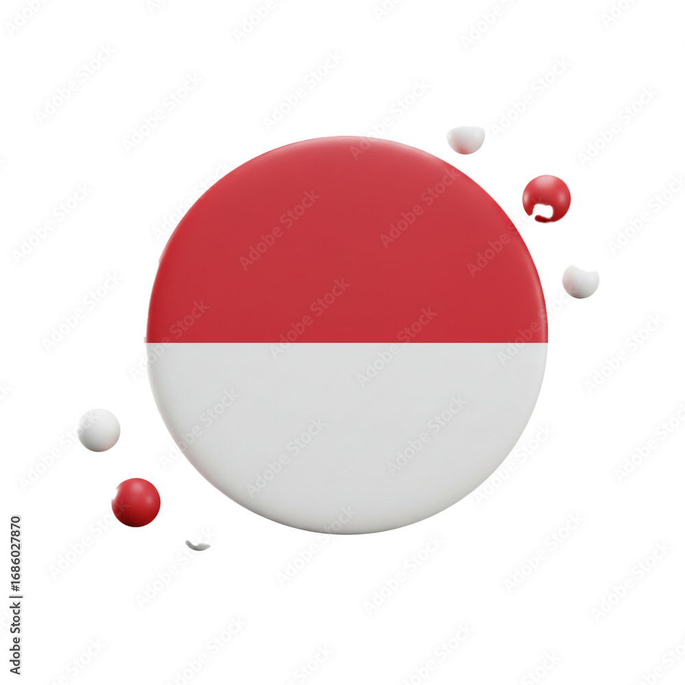 Poster a stylized, three-dimensional representation of a circular emblem, featuring a red and white color s