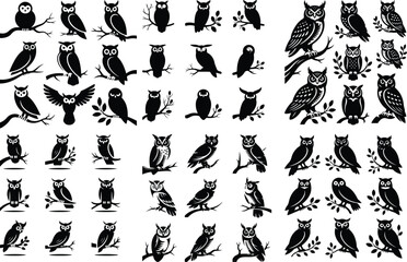 Owl Perched on Branch Silhouette Icon Vector Set Forest Owl Sitting on Tree Branch Black Silhouette Design