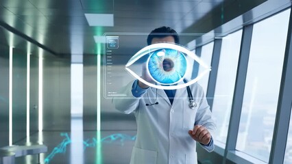 Medical Professional Interacting with Futuristic Eye Symbol in High-Tech Corridor - Powered by Adobe