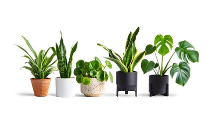 Fototapeta premium Collection of various houseplants in decorative pots against a white background