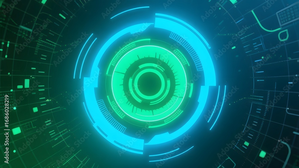 Poster futuristic circular interface with neon lights and digital elements
