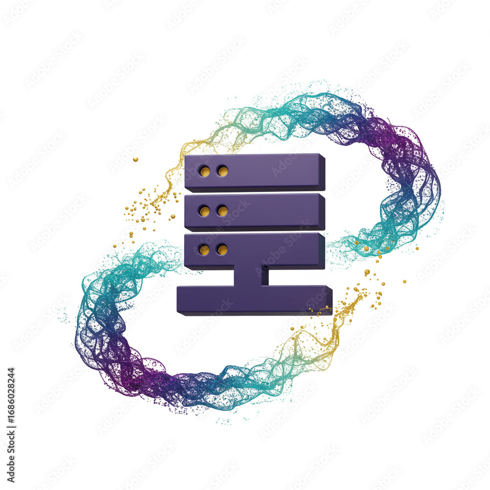 Poster a stylized server icon is encircled by a swirling, colorful design, representing data flow and digit