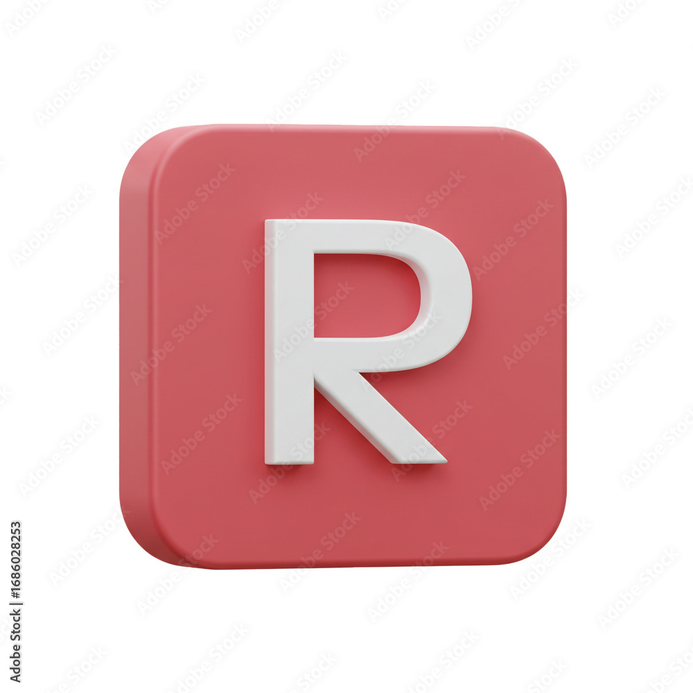 Poster a three-dimensional rendering showcases the letter r prominently displayed on a rounded square with 