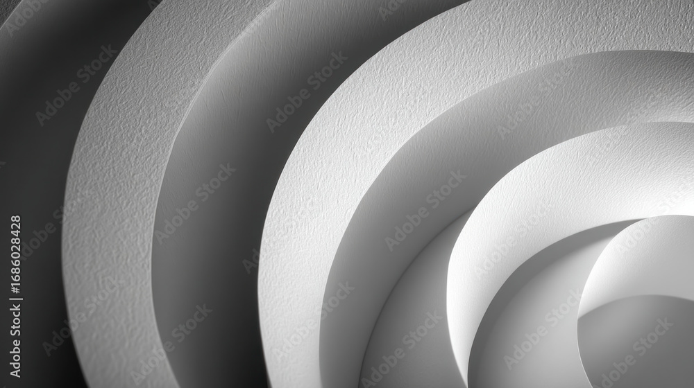 Poster abstract monochrome spiral forms create depth and rhythm with soft textures and shadows, inviting ca