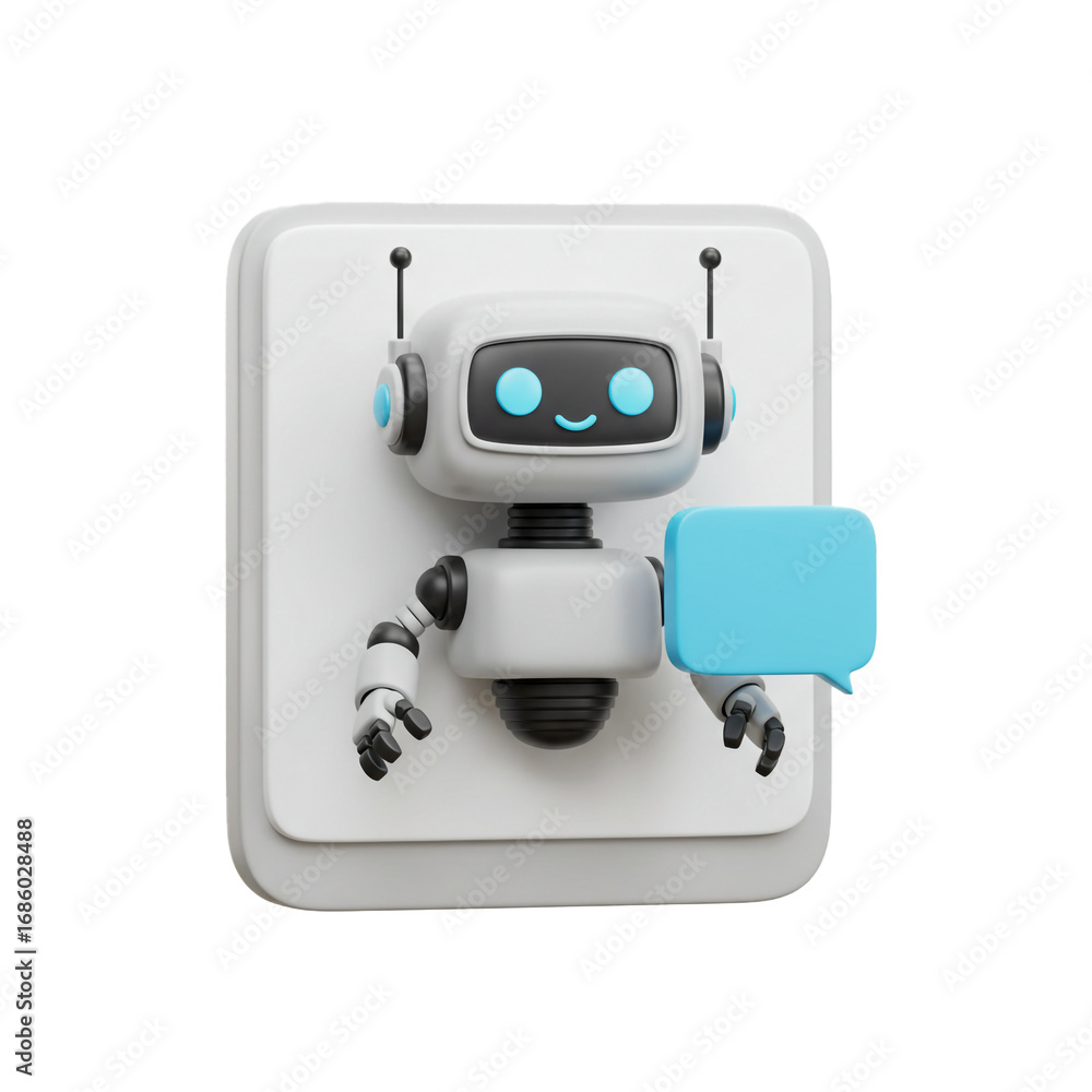 Poster a friendly robotic character with a speech bubble, offering assistance and communication, representi