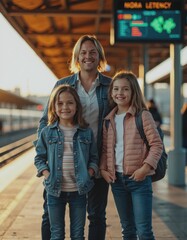 Fototapeta premium Parent and two children smiling together at a train station platform