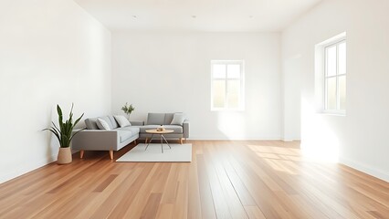 Minimalist living space with wooden floors and white walls, bathed in soft natural light for a tranquil ambiance.