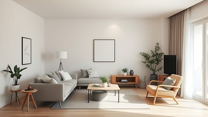 Simple living room with neutral tones and minimal furniture, creating a calm ambiance.