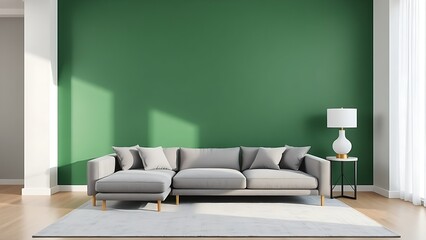 Modern living room with grey sofa and green accent wall, featuring elegant marble decor.