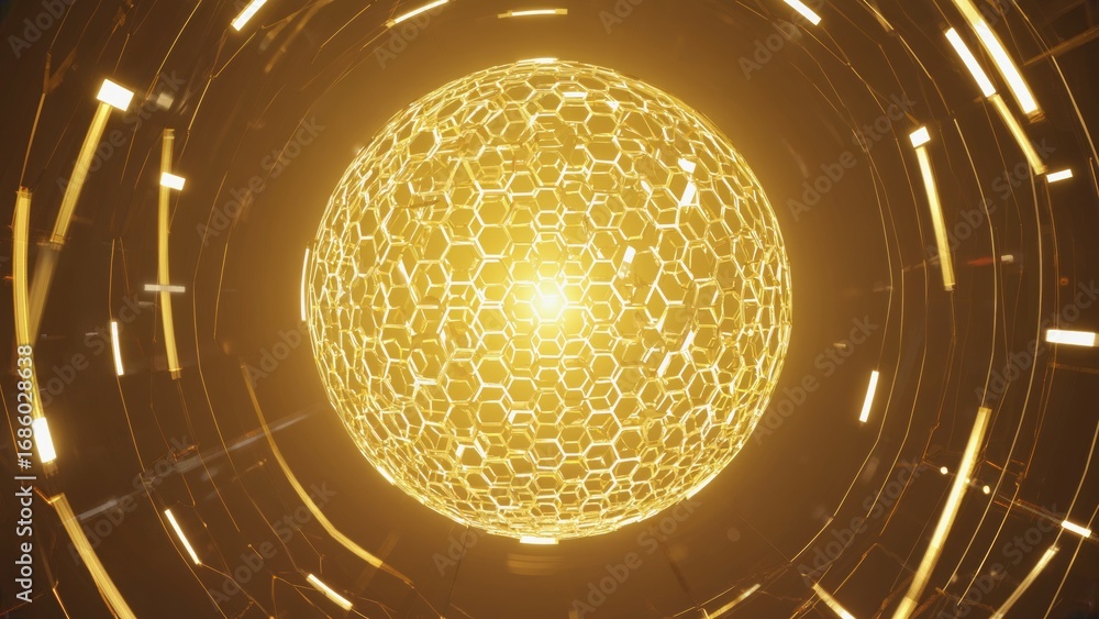 Poster glowing golden sphere with a hexagonal mesh pattern radiating energy on a dark background, symbolizi