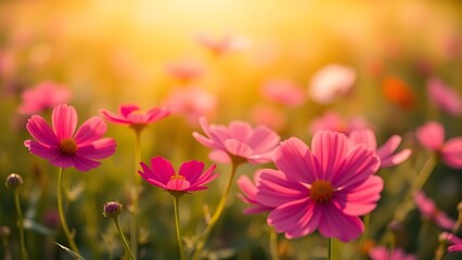 Fototapeta premium A field of bright cosmos flowers bathed in warm sunlight, creating a dreamy and vibrant scene.
