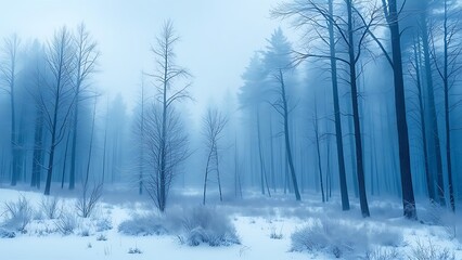 Naklejka premium Misty winter forest in cool blue hues, painted with a dreamy watercolor aesthetic.