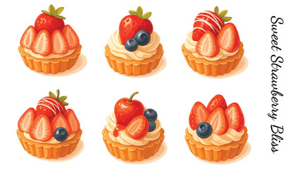 Strawberry and Blueberry Tart Vector Illustration Set