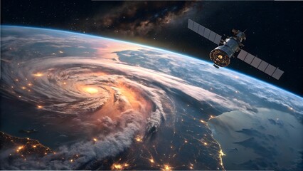 Satellite orbits Earth above a swirling hurricane and illuminated land at night planet space