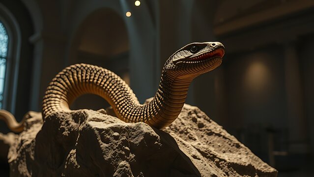 A fossilized two-headed serpent emerging dramatically from stone under museum lighting, evoking ancient mysteries.