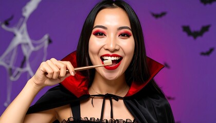 Obraz premium A woman in a vampire costume brushing her teeth. Happy expression