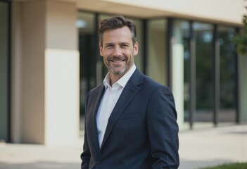 Fototapeta premium Confident financial advisor standing near corporate plaza in summer lighting