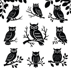Owl Perched on Branch Silhouette Icon Vector Set Forest Owl Sitting on Tree Branch Black Silhouette Design