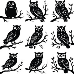 Owl Perched on Branch Silhouette Icon Vector Set Forest Owl Sitting on Tree Branch Black Silhouette Design