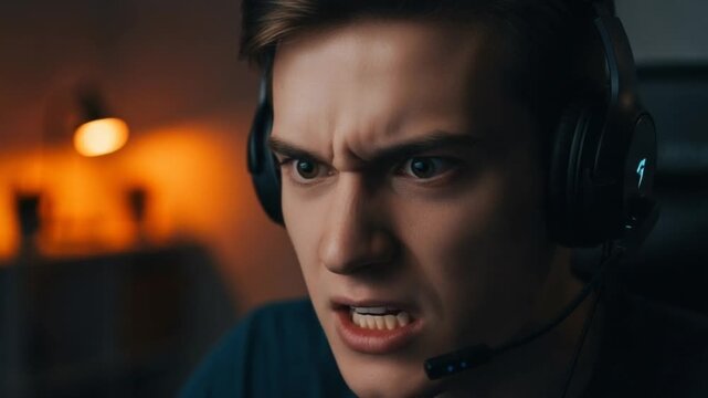 Close-up of a young man wearing a gaming headset, looking intensely at a screen with a furrowed brow.