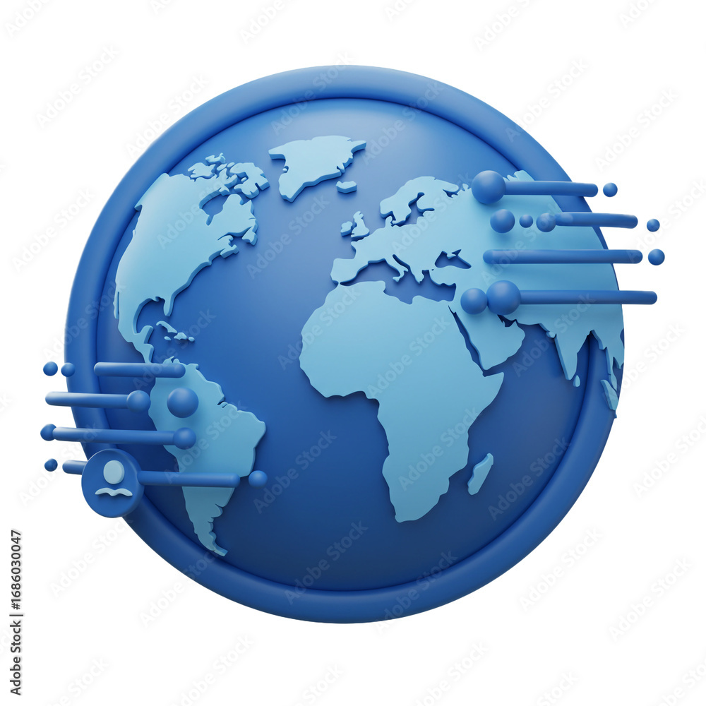 Poster a stylized globe illustration with connected data points, representing global interconnectedness and