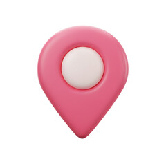 A glossy, three-dimensional pink location marker with a central light-colored circle, indicating a place or destination.