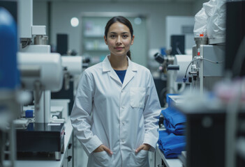 Laboratory coordinator standing confidently beside medical testing equipment