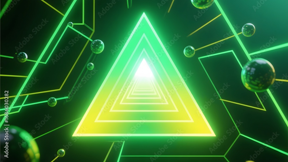 Poster neon triangle tunnel with spheres and interconnected lines