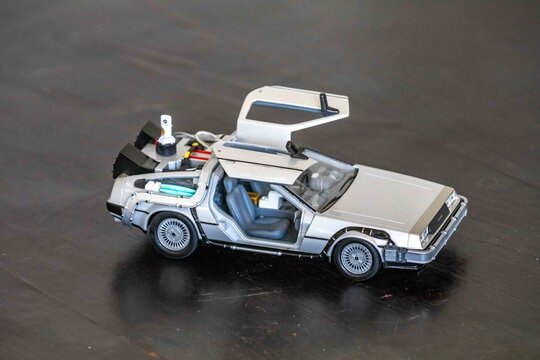 Brazil, September 4, 2025. Miniature replica of the DeLorean car from the movie Back to the Future 2, from 1989. Time machine.