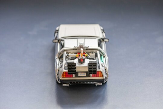 Brazil, September 4, 2025. Miniature replica of the DeLorean car from the movie Back to the Future 2, from 1989. Time machine.