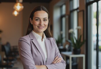 Beauty facility manager confidently posing near salon entrance