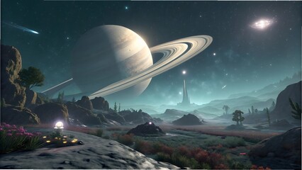 Alien planet landscape with Saturn-like ringed planet in the sky and futuristic structures exoplanet