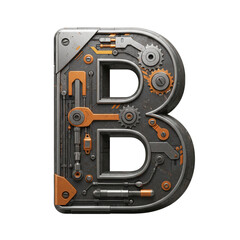 A detailed mechanical letter B, constructed from gears, pipes, and metallic components, showcasing a futuristic industrial design aesthetic.
