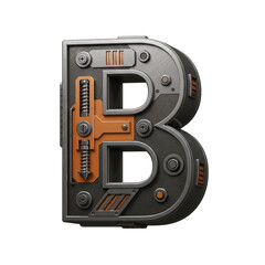 A meticulously crafted, three-dimensional, metallic letter B, designed with intricate mechanical details and industrial aesthetics, ready for various creative applications.