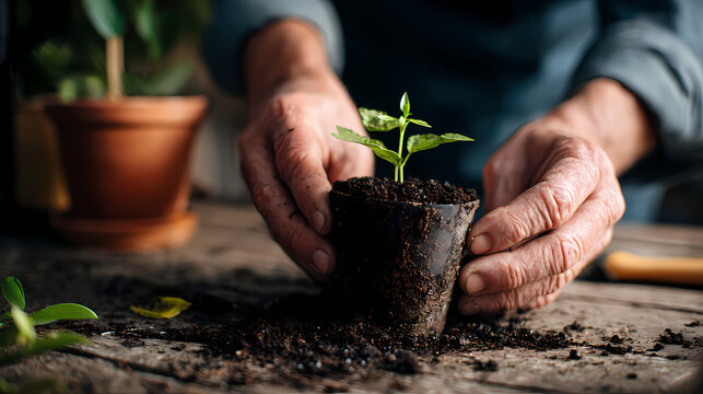 Hands planting a seedling into soil, a symbol of growth and new beginnings in gardening